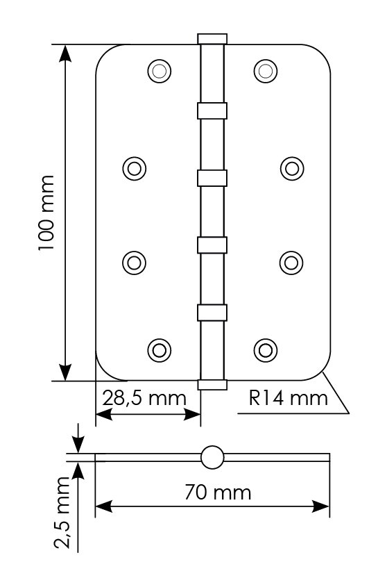 Петля стальная MSN-C 100X70X2.5-4BB SN скругленная универсальная с подшипником, вес полотна до 40 кг, цвет белый никель фото купить в Иркутске